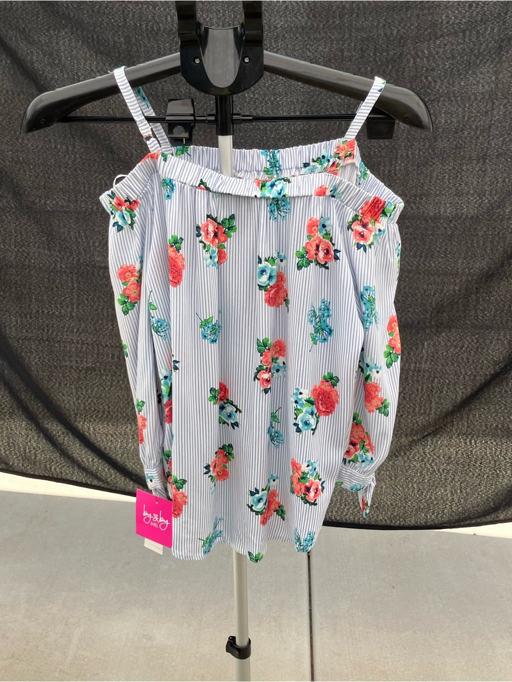 Floral Striped Cold-Shoulder Top in White with Coral & Teal Flowers